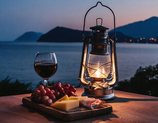Wall Mural - A glass of red wine, kerosene lamp, cheese, pastrami and grapes on the wooden table in the evening at a beach in Greek islands
