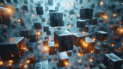 Poster - Mysterious floating cubes in a translucent glowing fog, suggesting a futuristic or abstract concept