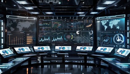 A room packed with numerous computer monitors displaying various screens.
