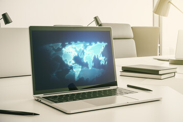 Poster - Computer monitor with abstract creative digital world map, globalization concept. 3D Rendering