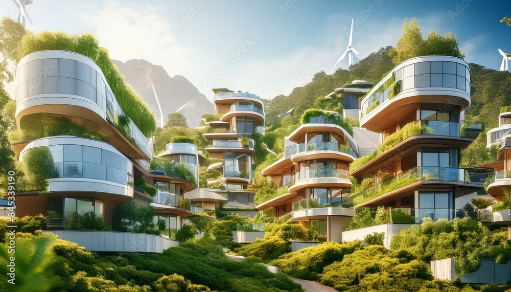 Sustainable eco-village of the future. The image presents ecological ...