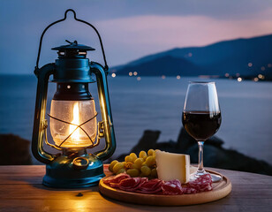 Wall Mural - A glass of red wine, kerosene lamp, cheese, pastrami and grapes on the wooden table in the evening at the beach in Mediterranean coast of Turkey.