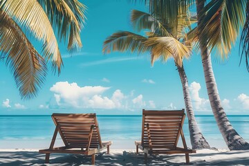 sun loungers and palm trees against the background of the sea