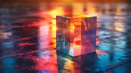 Poster - A glowing, translucent cube emits colorful lights on a reflective, wet surface during twilight, creating a magical atmosphere