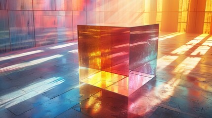 Poster - A striking translucent cube displaying warm colors sits in an urban environment, bathed in the golden light of sunset
