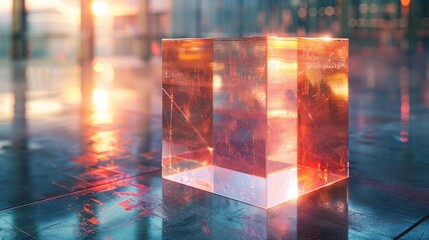 Poster - A vividly colored cube reflects an urban skyline and neon glows on its surface, set against a dusky cityscape