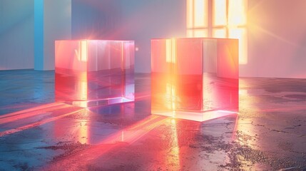 Poster - Dual translucent cubes are showcased with radiant lights casting reflections and colors on a sleek surface in a contemporary setting