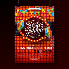 Sticker - Festa Junina Party Flyer Design with Party Flags, Paper Lantern and Light Bulb Billboard on Red Checkered Background. Vector Brazil June Festival Illustration for Celebration Poster or Holiday