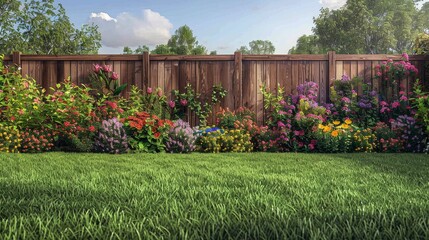 Backyard garden with a green grass lawn, various summer flowers, and a wooden fence, all in photo-realistic style