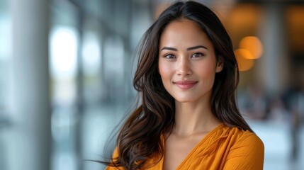 Wall Mural - A young woman with dark hair and a warm smile stands confidently in a bright, modern space, captured in a moment of serene confidence