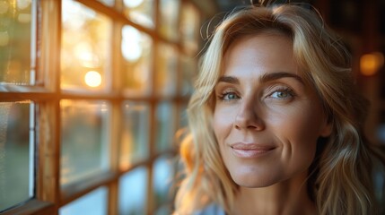 Wall Mural - A woman looks thoughtfully through a window made of glass blocks, bathed in the soft light of the setting sun