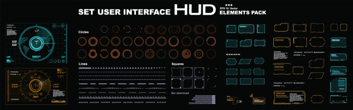Vector collection of HUD elements for user interface. Creative futuristic set of complex elements. Radars, frames, arrows, indicators, lines and sights. Modern set of vector HUD elements