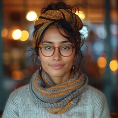 Wall Mural - A young woman with a warm smile looks directly at the camera while wearing a knitted scarf and glasses