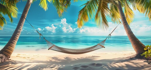 Wall Mural - Sunny tropical beach with palm trees and hammock for vacation banner.