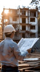 Poster - Construction Manager Overseeing Building Site with Blueprint in Hand Business and Work Concept