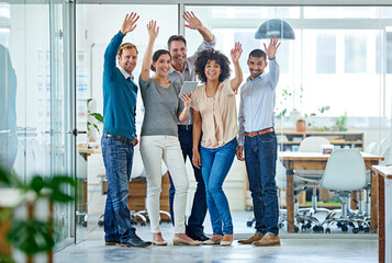 Sticker - Portrait, team and business people waving hands for welcome, success or greeting in creative startup. Happy, group and wave together for hello, introduction or about us in meeting for collaboration