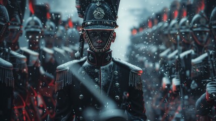 general military with uniform in a cold battlefield and soldiers in line around leadership in the history of the napoleonic war in Russia. Cinematic scene with snow