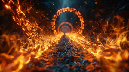 Poster - Abstract image showcasing a fiery tunnel with a burning pathway leading to an undefined destination
