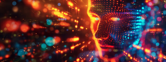 Poster - A head with a face made of computer chips and glowing lights. The image is abstract and futuristic, with a sense of technology and artificial intelligence. AI computer circuits mind head