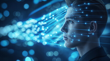 Poster - Man is holding a blue screen with a face on it. Concept of technology, as the man is interacting with the digital face. European business male model in total perspective acting in front of holographic