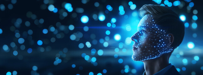 Poster - Man is holding a blue screen with a face on it. Concept of technology, as the man is interacting with the digital face. European business male model in total perspective acting in front of holographic