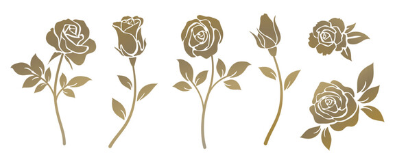 Set of decorative gold rose with leaves. Flower silhoutte. Vector illustration	