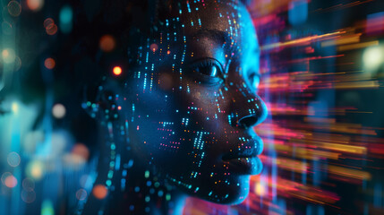 Poster - Woman's face is projected onto a screen with a colorful background. Futuristic technology. Hologram of the black woman face composed of vibrant digital pixels against the glowing digital data streams