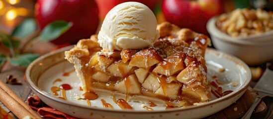 Wall Mural - Apple pie slice topped with a scoop of ice cream and drizzled with caramel sauce on a plate, embracing the essence of fall baking