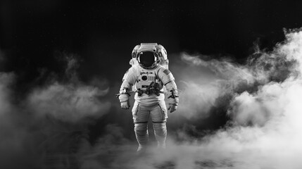 black and white photo of a lone astronaut in a space suit walking through a thick fog. a dreamlike i