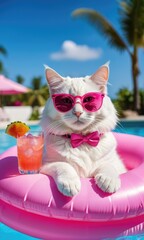 Wall Mural - White Angora cat with cocktail rests on pink inflatable ring in pool, wearing pink sunglasses, enjoying the summer vibes. Space for text. Perfect for vacation and summer holiday themes.