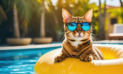 Wall Mural - A Bengal cat relaxes on a yellow inflatable ring in a pool, wearing blue sunglasses and enjoying the summer vibes. Close-up with copy space, perfect for vacation and summer holiday the