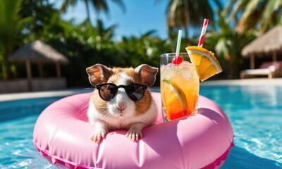 Wall Mural - A funny hamster with a cocktail relaxes on a pink inflatable ring in a pool, wearing sunglasses and enjoying the summer vibes. Close-up with copy space, ideal for vacation and summer holiday themes.