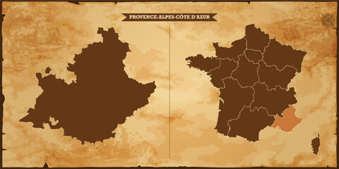 Wall Mural - Auvergne Rhône-Alpes state map, France map with federal states in A vintage map based background, Political France Map