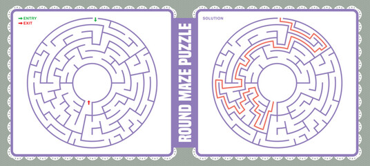 Round maze isolated on soft color backgrounds with solutions image. Circular labyrinth gaming maze. Vector illustration