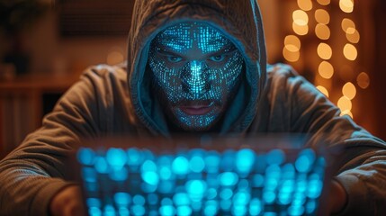 Poster - A hooded person uses a laptop with glowing blue keyboard lights, implying secrecy