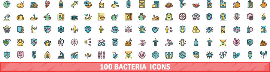Sticker - 100 bacteria icons set. Color line set of bacteria vector icons thin line color flat on white
