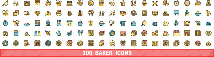 Poster - 100 baker icons set. Color line set of baker vector icons thin line color flat on white