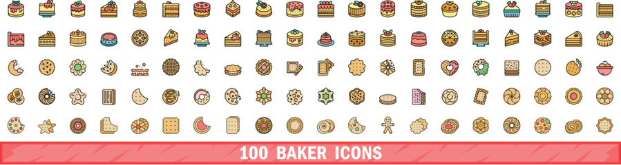 Poster - 100 baker icons set. Color line set of baker vector icons thin line color flat on white