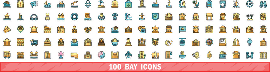 Poster - 100 bay icons set. Color line set of bay vector icons thin line color flat on white