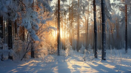 Poster - Sunlight illuminating a forest covered in snow