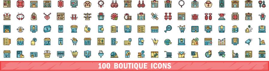 Poster - 100 boutique icons set. color line set of boutique vector icons thin line color flat on white