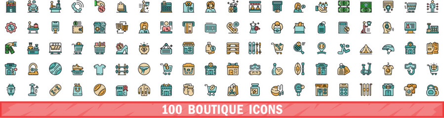 Poster - 100 boutique icons set. Color line set of boutique vector icons thin line color flat on white