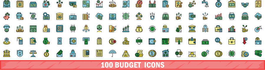 Poster - 100 budget icons set. Color line set of budget vector icons thin line color flat on white