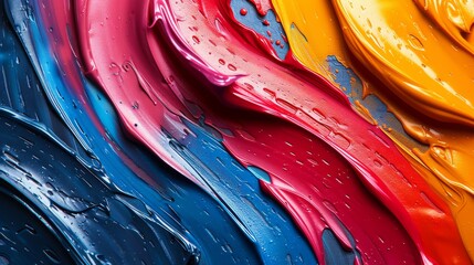 Poster - Close-up image of bright and glossy streaks of paint in red, blue, and yellow symbolizing energy and creativity