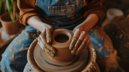 Potter creating a clay vessel on a spinning wheel with focus on hands and tools.