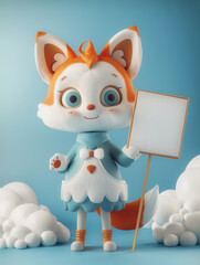 Wall Mural - Adorable Cartoon Fox Character Holding Blank Sign in a Cloudy Blue Sky Background Ideal for Announcements, Messages, and Customizable Content for Various Creative Uses and Design Projects