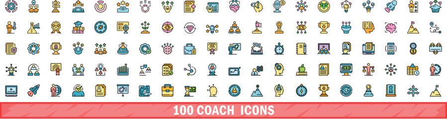 Poster - 100 coach icons set. Color line set of coach vector icons thin line color flat on white