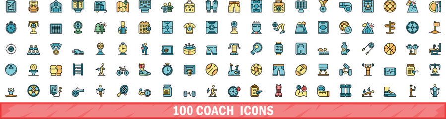 Wall Mural - 100 coach icons set. Color line set of coach vector icons thin line color flat on white