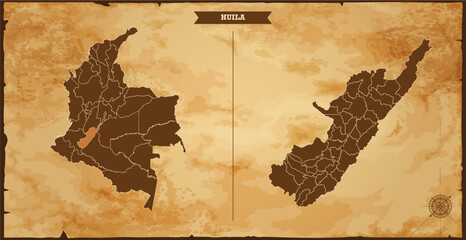 Wall Mural - Huila state map, Colombia map with federal states in A vintage map based background, Political Colombia Map