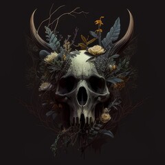 Wall Mural - dark art skull with lots of organic growth and horns